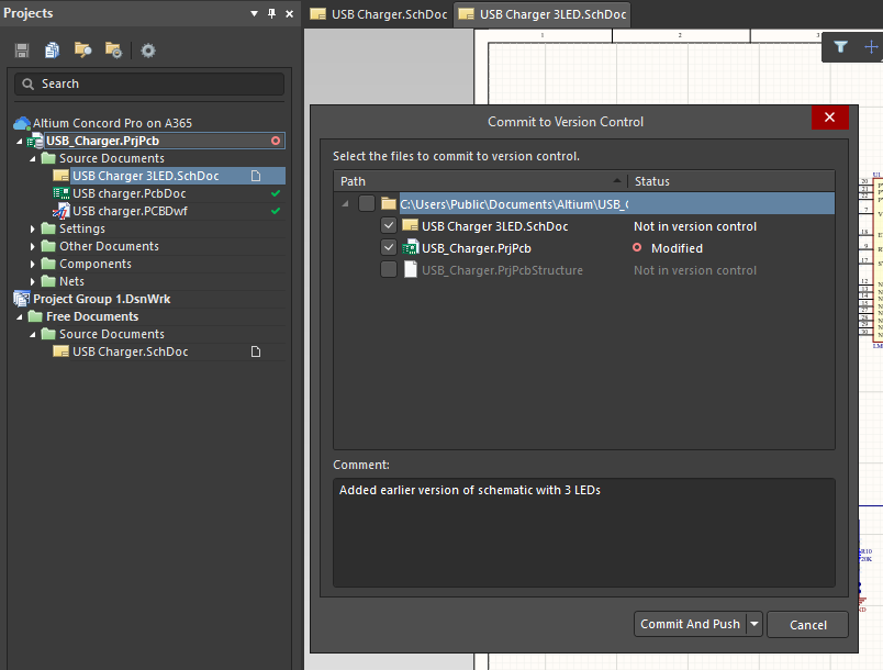 Commit and push in Altium 365 version control